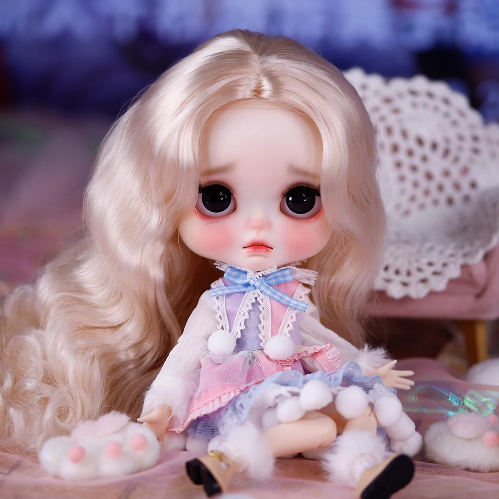 ICY DBS Blyth Doll Blonde Curly Hair Round Face Fair Skin Matte Face Lovable Girl Hand-Painted Makeup 30cm Doll Festival Gift