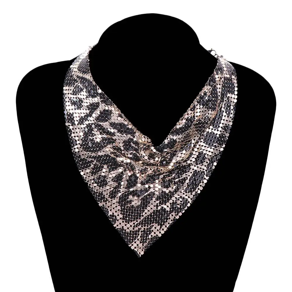 خمر المعادن الثلاثي وشاح سلسلة المختنق التألق ليوبارد طباعة قلادة الترتر الجمالية انفصال طوق تراكب #3