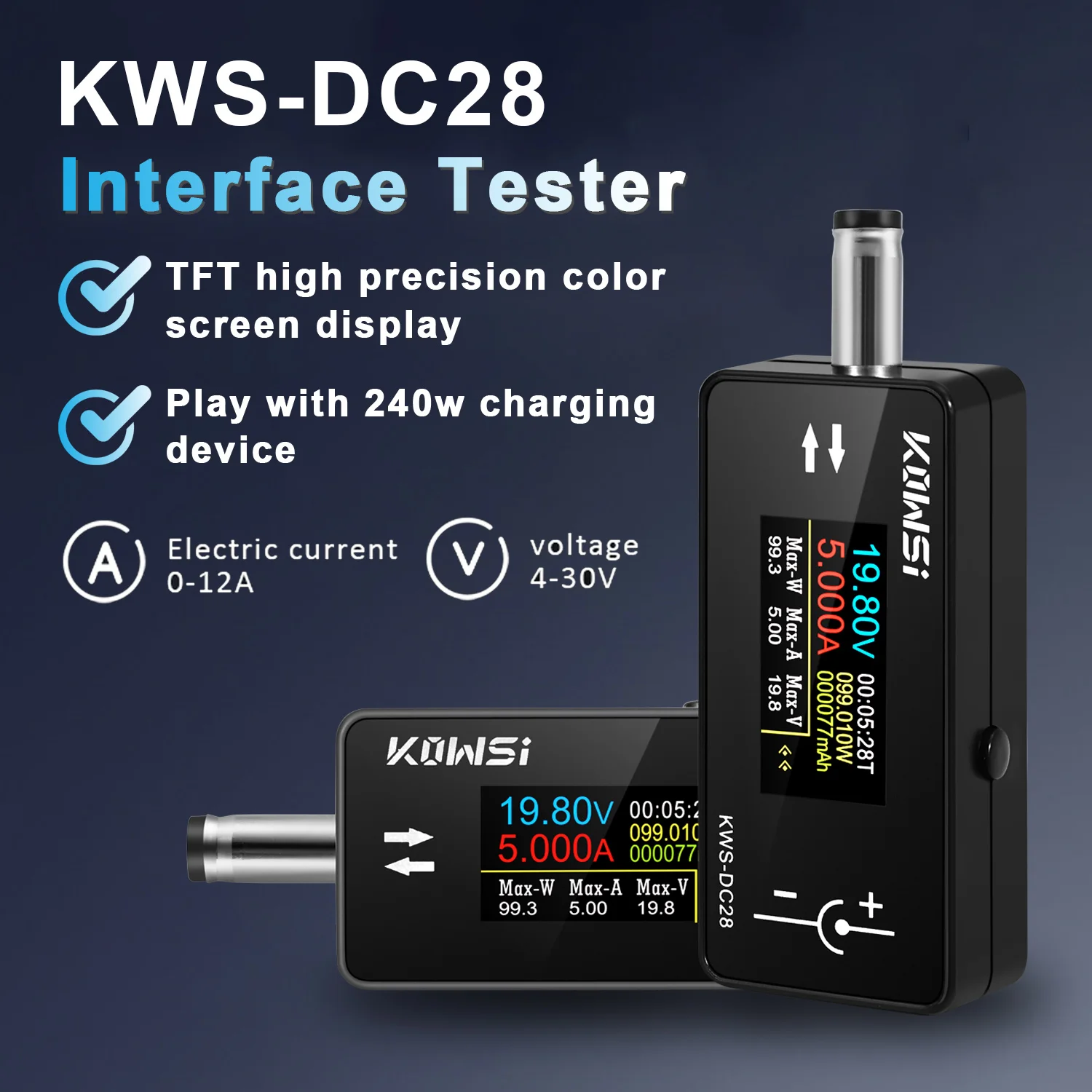 KWS-DC28 Interface Tester 4-30V 12A Digital Current Voltage Tester Voltmeter Ammeter TFT Color Screen Power Meter with DC Port