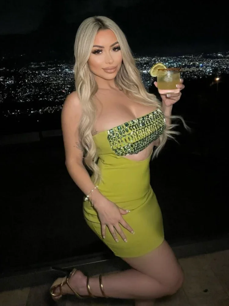 فستان مثير بدون حمالات مرصع بالألماس مزين بالترتر فستان نسائي أخضر بدون أكمام بدون ظهر مقصوص فستان حفلات مسائية للمشاهير #3