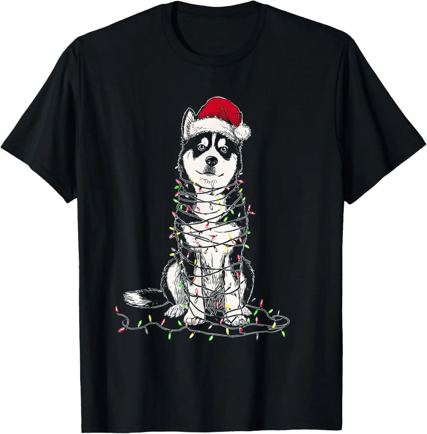 

Siberian Husky Wrapped in Christmas Lights Funny Dog Lover Graphic Tee Short Sleeve Cotton