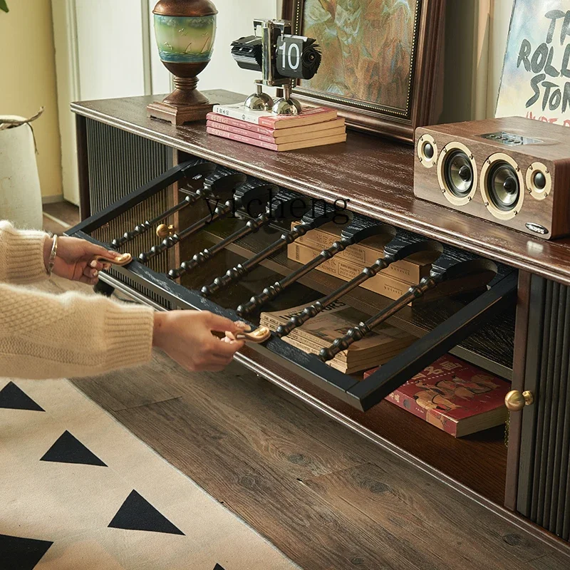 

TQH retro TV cabinet storage locker solid wood living room medium antique floor TV table