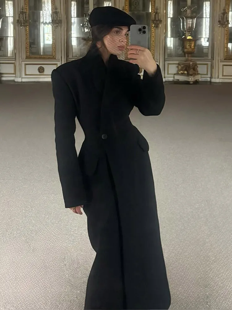 معطف صوفي نسائي أنيق أسود بزر واحد وياقة ثابتة معاطف طويلة ضيقة للسيدات لخريف وشتاء 2025 ملابس خروج نسائية أنيقة جديدة
