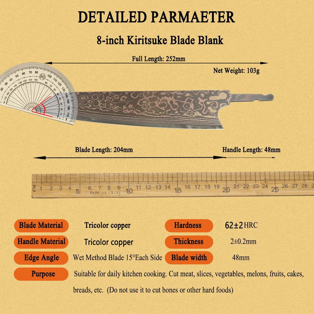 JUMCSONG Tricolor Copper Kiritsuke Blade Blank VG10 Steel Core Kitchen DIY Assembly Accessories Semi-finished Chef Blade Blank view 6