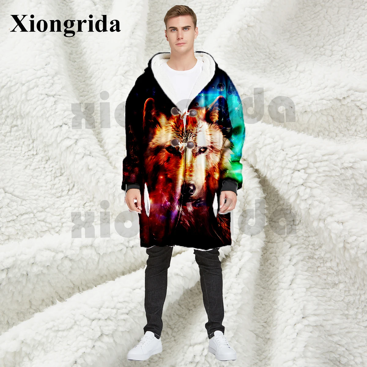 Wolf Print cloak Hoodies Mens Thick Jacket Animal Printed Hood Casual All Over Print Unisex Pullover Warm Coat S-5XL