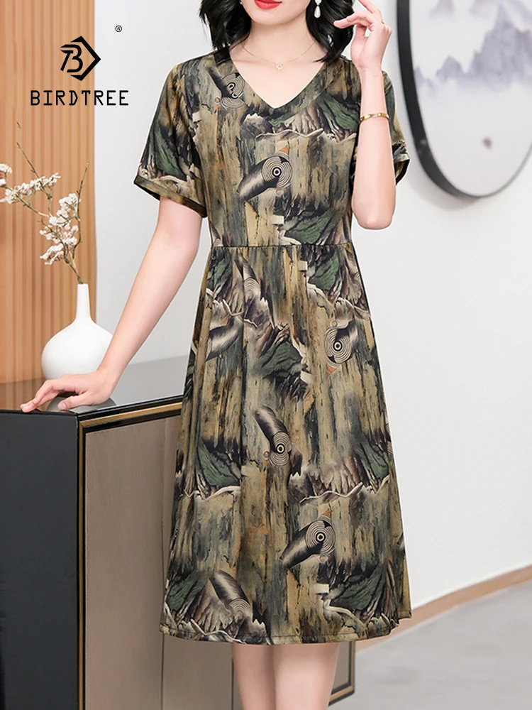 

BirdTree, 91%Real Silk Elegant Dresses, Women Short Sleeve Printed, Versatile Retro Commute Large Dress, 2024 Summer D44416QC