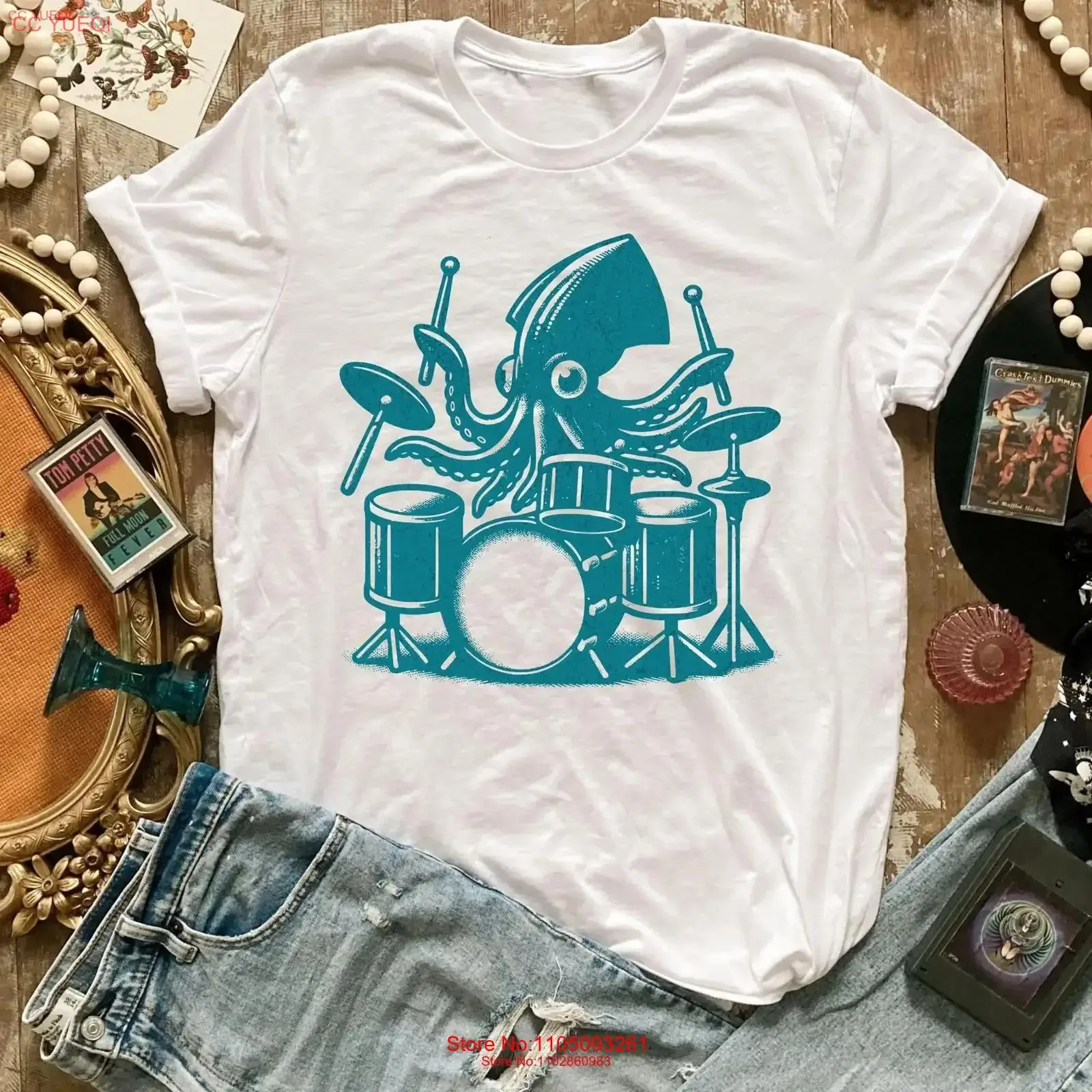 

Футболка в стиле ретро с изображением кальмара, играющего на барабанах, винтажная удобная футболка 90-х годов, стиль татуировки, негабаритная винтажная стираная футболка унисекс