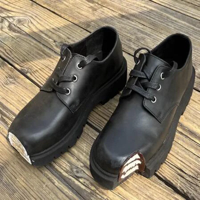 British Style Women Black Genuine Leather Cake Derby Shoes Female Lace Up Low Top Flat Strange Damaged Loafers Leisure Shoes