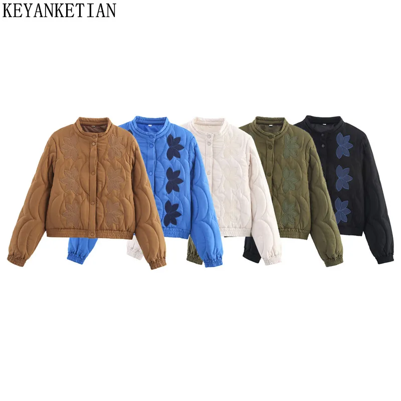 

KEYANKETIAN, новое зимнее женское однобортное стеганое хлопковое пальто с круглым вырезом и вышивкой, женское хлопковое пальто