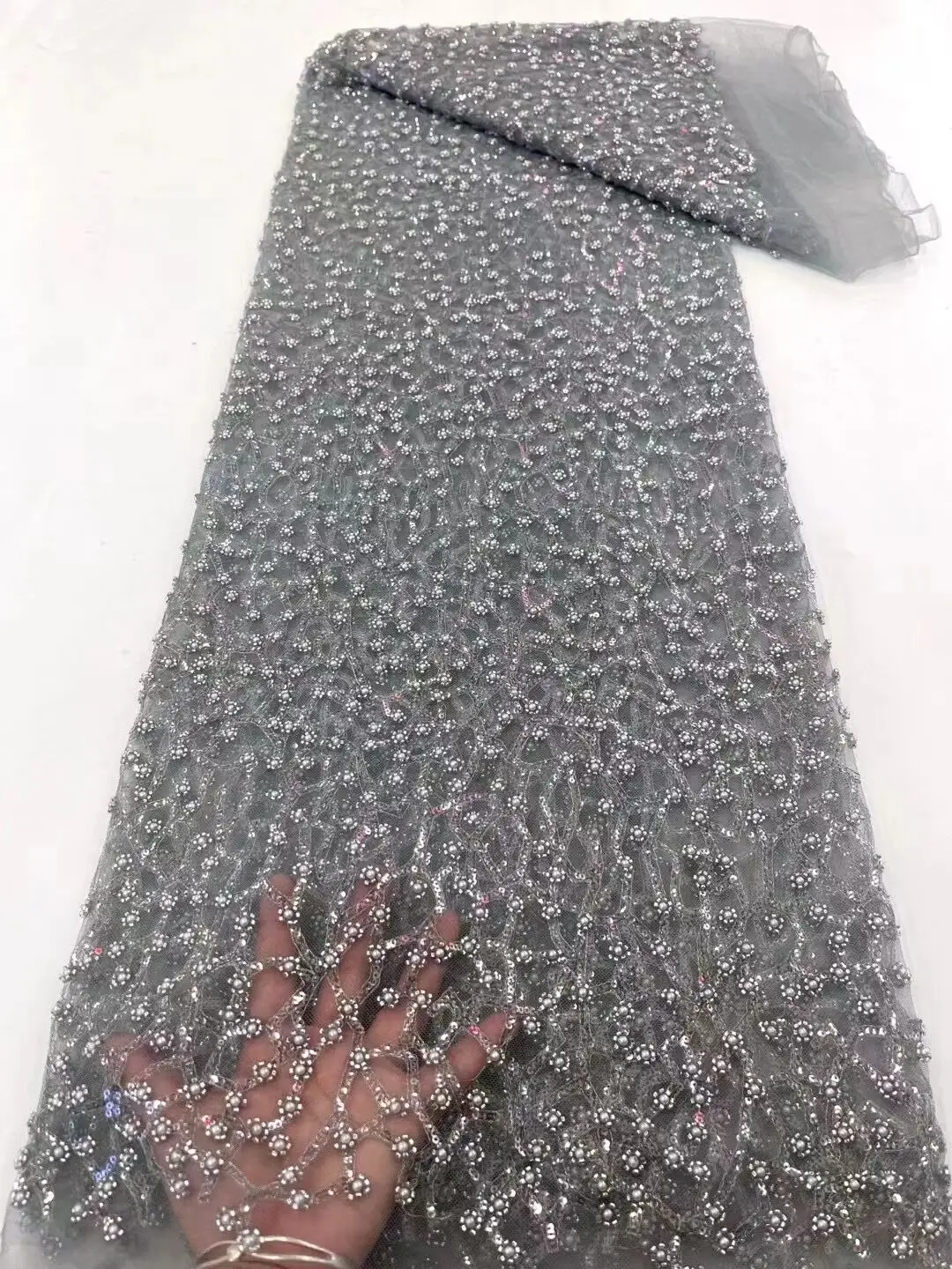 

Nigerian Lace Material With ZH-13026819 Beads For Party Dresses French Lace Fabric High Quality New Beaded Tulle Lace