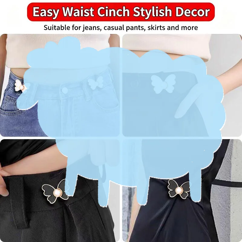 2Pcs Nail Free Butterfly Waist Cinching Buckles Pearl Decor Removable Waist Adjust Clips for Dress Jeans Casual Outfits