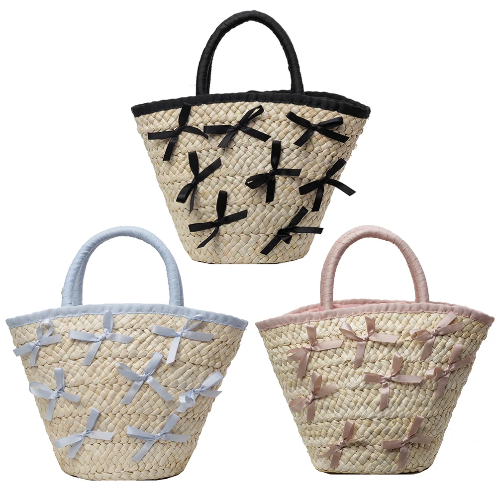 Women Woven Handbags Large Capacity Bow Woven Tote Bag Weaving Beach Bow Totes Patchwork Drawstring Closure for Outdoor Travel