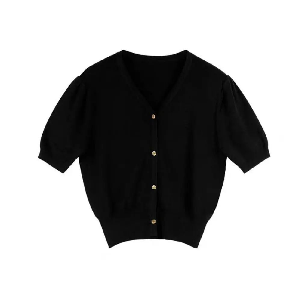 

Women's Slim-fit Knitted Cardigan V-neck Puff Sleeve T-shirt Design Summer Short Waist Top Fashion Sense Niche