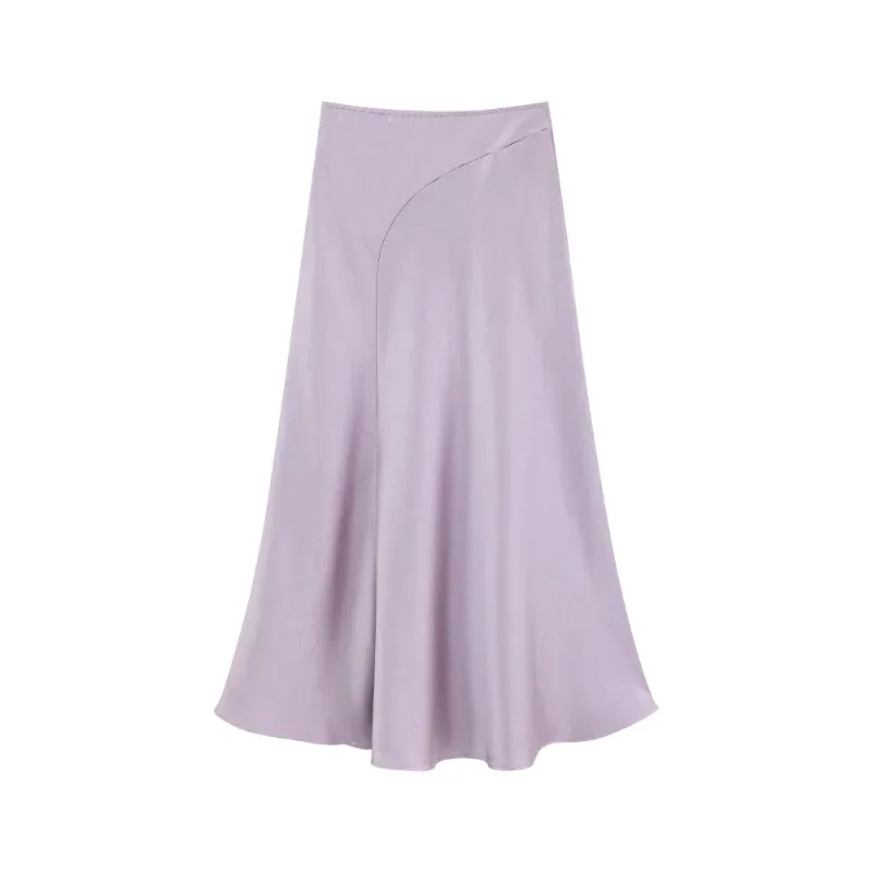 Women High-Waist Satin Mermaid Skirt Elastic Waist Slim Fit Midi Skirt Elegant Flowing Draped Slip Skirt for Spring Outfits