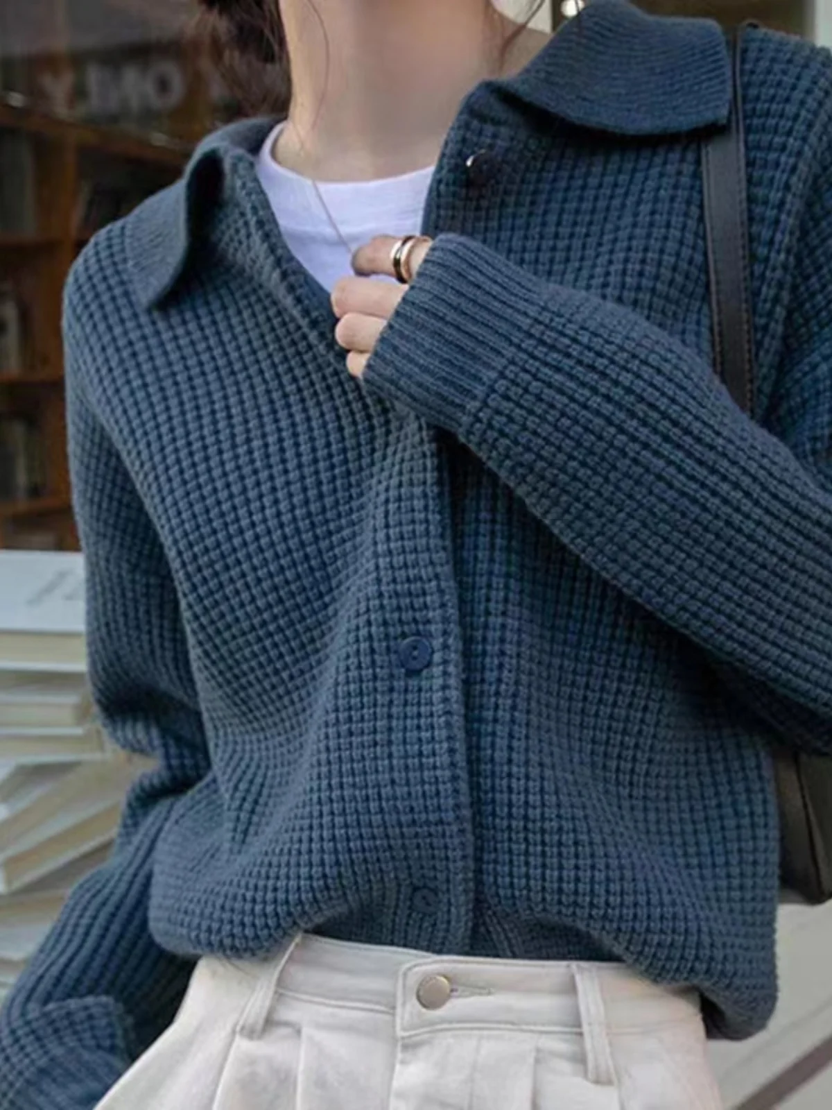 Blaue gestrickte offene Strickjacke Frühling Herbst Damen Soft Cozy Lazy Sle Top Long Sve Loose Fit Pure Color Button Up Pullover