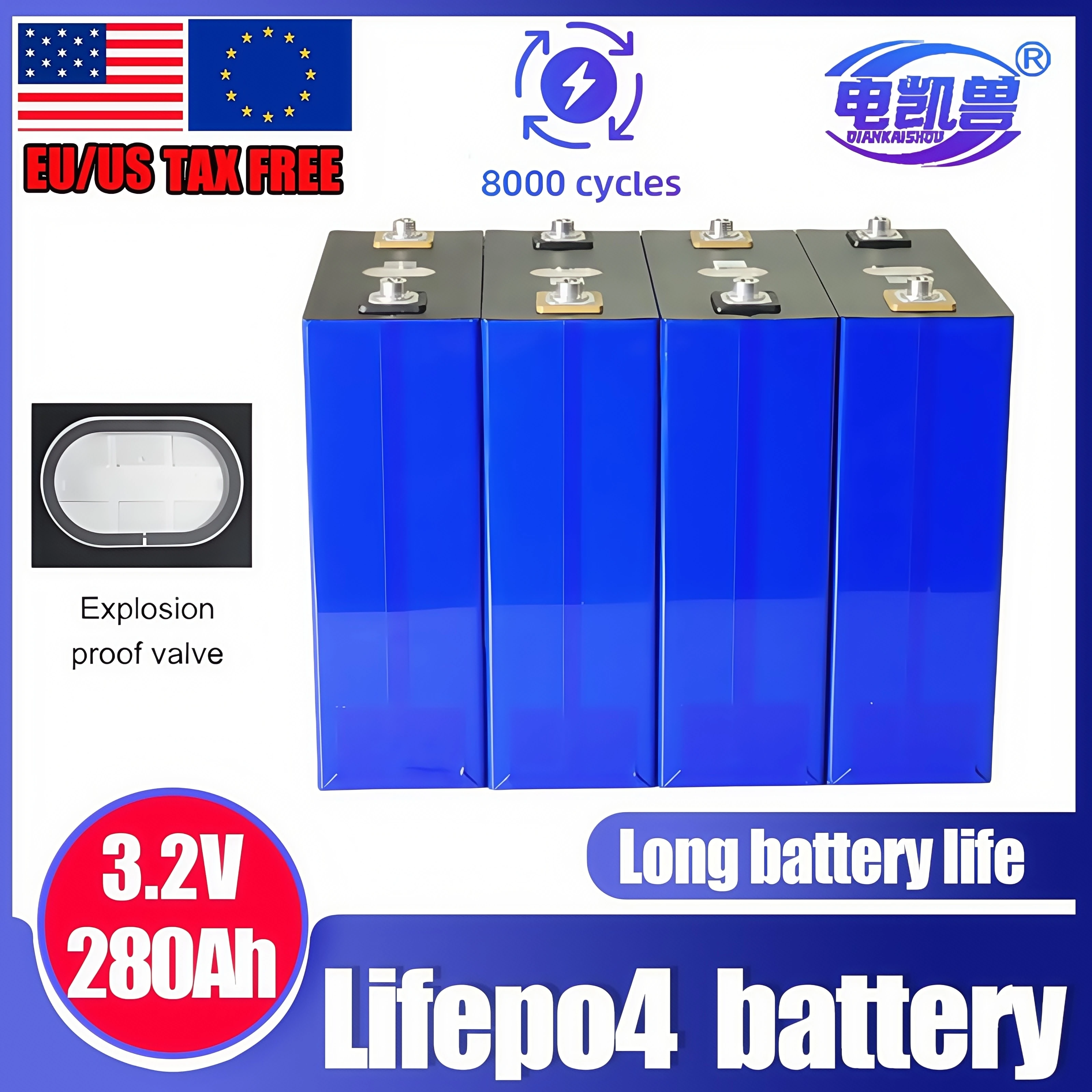 

3.2V 280Ah LiFePo4 Lithium Iron Phosphate Battery for- 12V 24V 48V Systems Golf Cart RV Camping Car 6000 Cycle Storage Energy