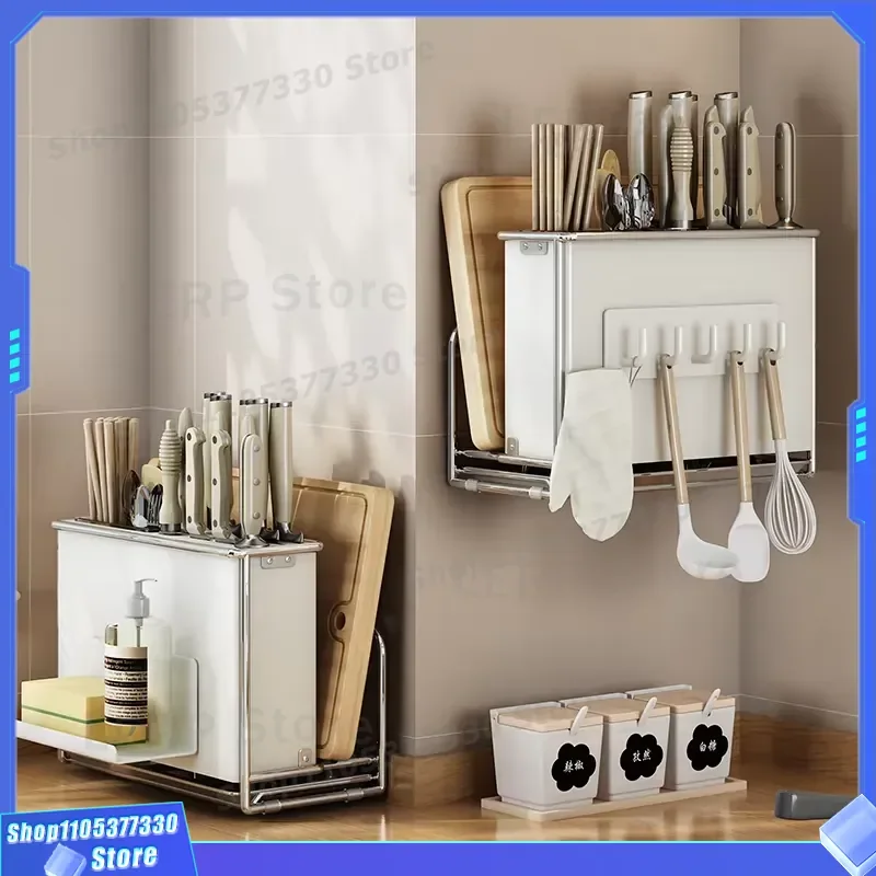 Black Metal Knife Holder Wall Mounted Desktop Kitchen Storage Rack Multi Functional Dish Drying Stand Household Cutlery
