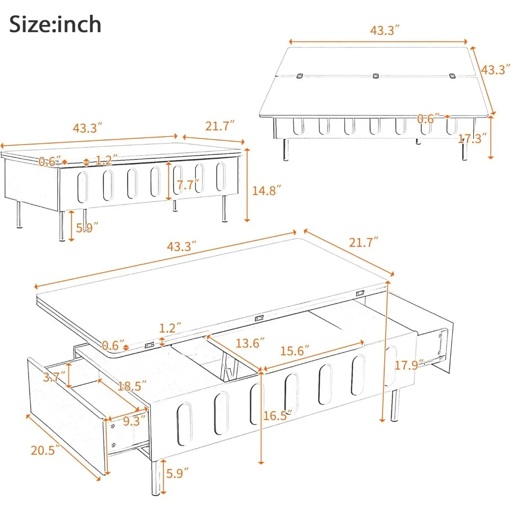Lift Top Coffee Table, Coffee Tables with Storage for Living Room, Small Coffee Table with 2 Fabric Drawers & LED Light