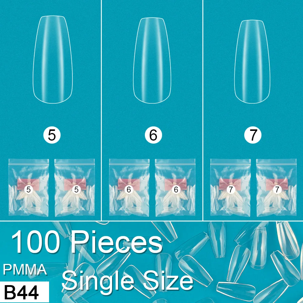 B44 Faux ongles en gel souple, forme ballerine cercueil moyenne, en PMMA, 100 pièces, taille unique, pack de recharge, tailles 5 6 7
