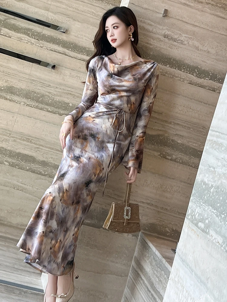 Novo outono casual impressão gola oscilante sereia vestido longo roupas femininas elegante manga alargamento cinto fino robe festa de formatura vestidos