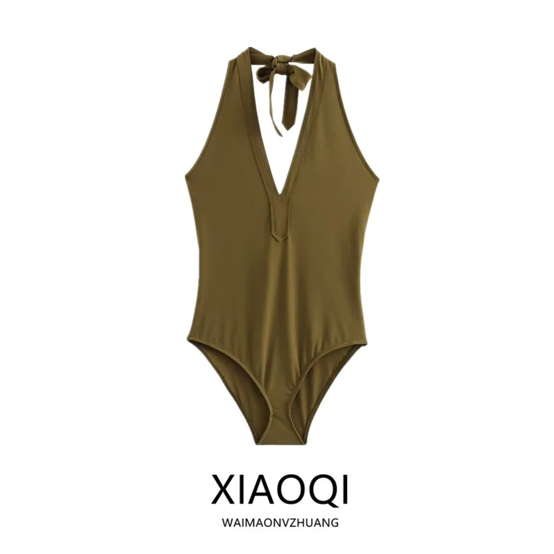 

Summer 2024 Women's Rer V-ne Bal Wide Strap Hanging Ne-piece High Waist ort Pants Polyester Blend Faionable