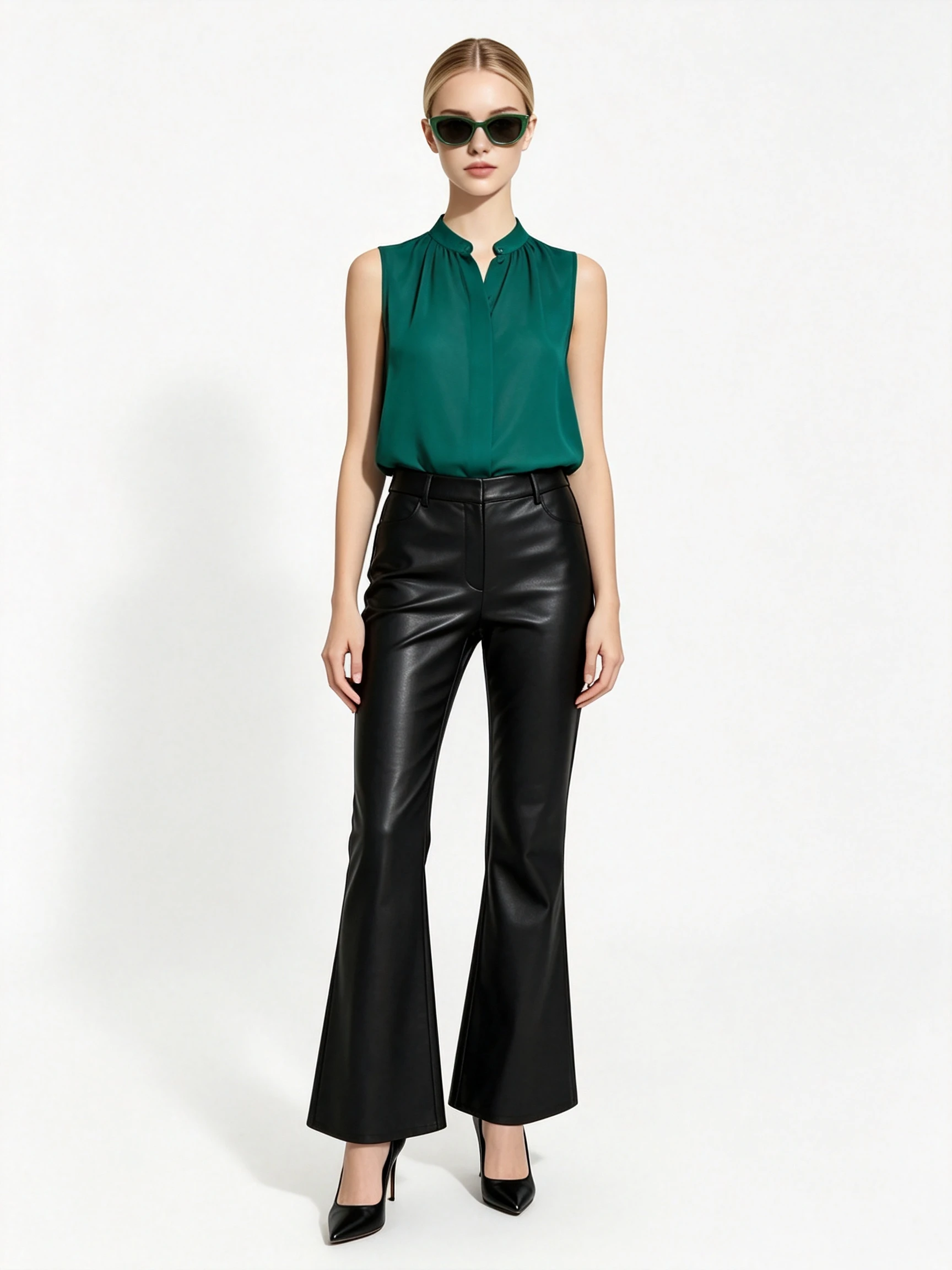 Women's Faux Leather High-Waisted Flare Pants with Slim Fit and Zipper Fly for Retro Style