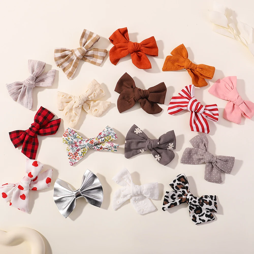 16 Pcs/Set Solid Color Bowknot Hairclips Girls Cute Print Hair Safe Clips Kids Boutique headwear handmade girl hair accessoires