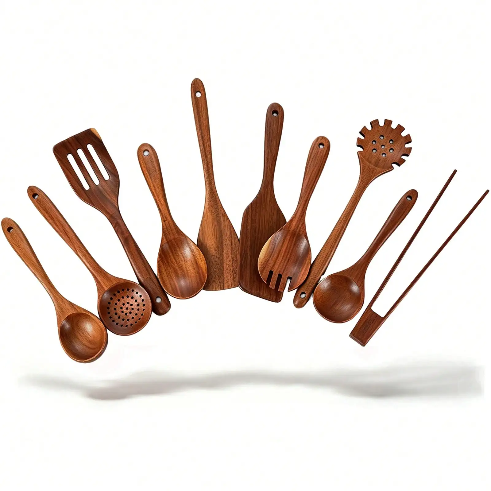 Premium Teak Wood Cooking Utensils Set, 10 Pcs Scratch-Resistant Kitchen Tools For Non-Stick Cookware, Thickened Handle Spoons A