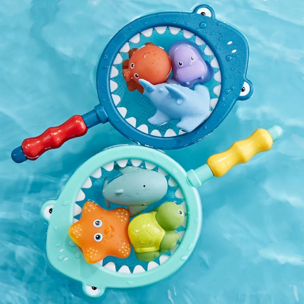 

Kid Bathing Toys Spray Water Net Fishing Shark Set Children Animal Kneading Music Floating Playing Game Baby Bathroom Rubber Toy