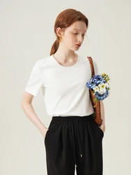 FSLE-Camiseta de manga curta feminina, top básico de assentamento em gola redonda, todo o jogo, branco, fino, primavera, verão, feminino, 24FS11210, 24FS11209