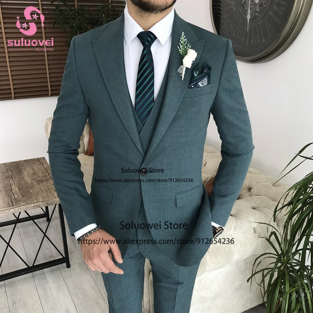 

Classic Slim Fit Suits For Men Business 3 Piece Jacket Vest Pants Set Male Prom Blazer Formal Groom Wedding Peaked Lapel Tuxedo