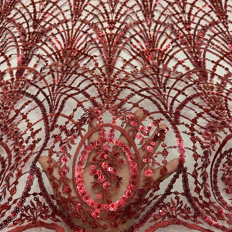 Bright Sequins French beads Lace Lovely Embroidered African Tulle Mesh Fabric Garment Sewing Net Cloth 5 Yards TS1510