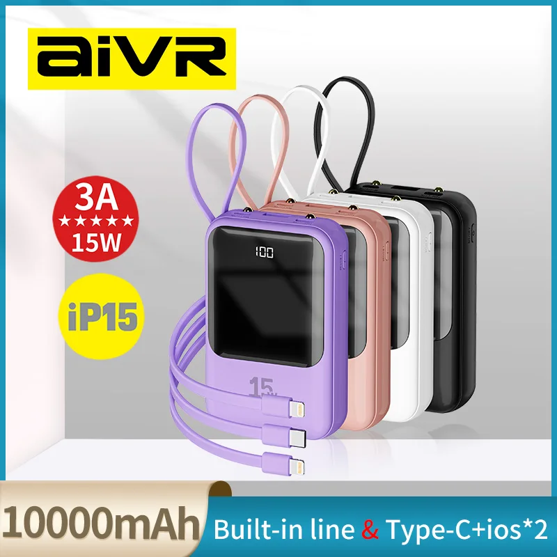 AIVR Mini Power Bank 10000mAh With 4 Cable Mobile Phone External Battery Charger for iPhone Samsung Huawei Xiaomi NEW