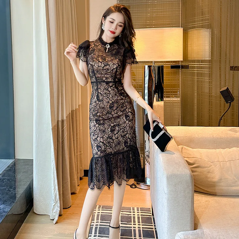 Summer New Chinese Style Improved Cheongsam Dress Stand Collar Figure-Flattering Lace