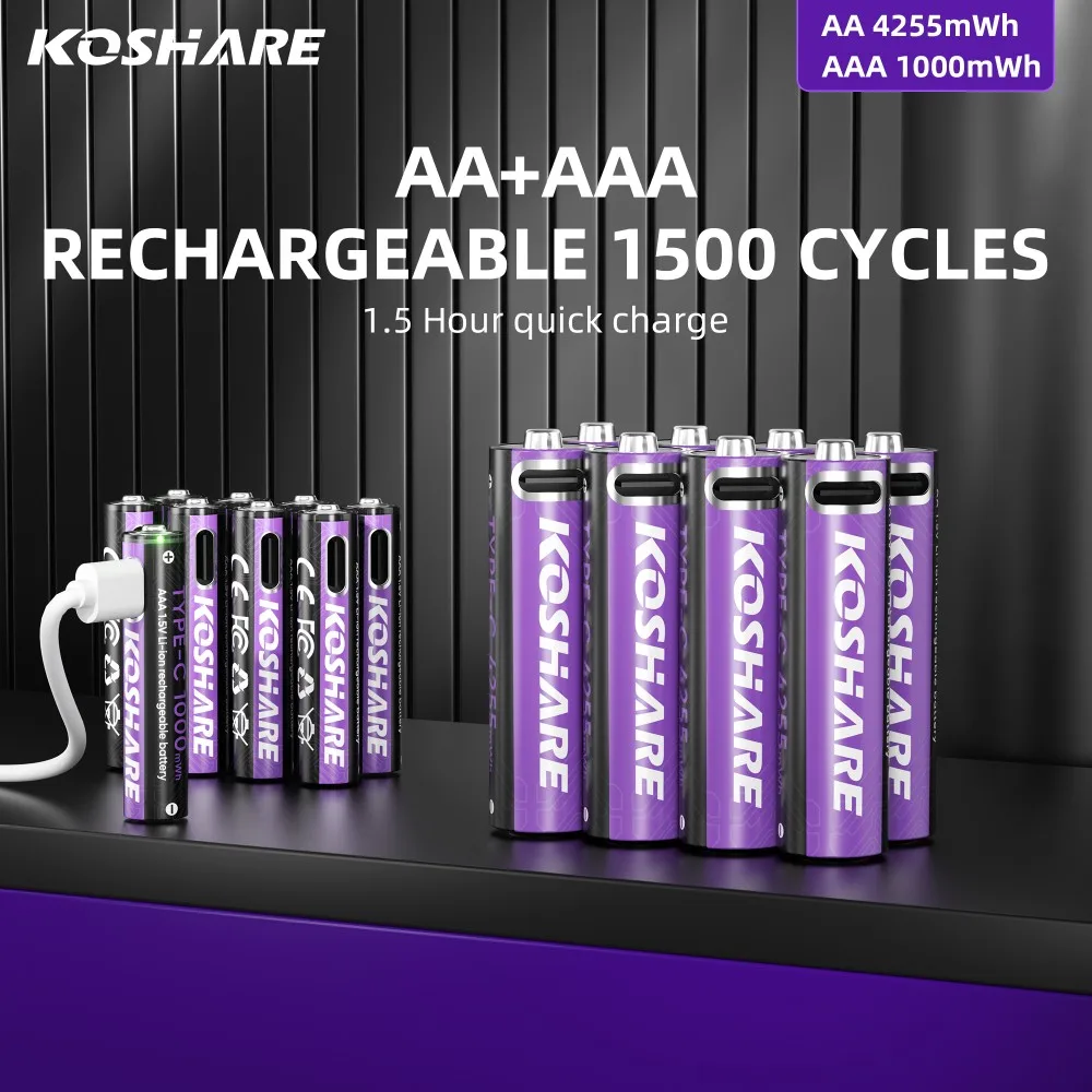 

KOSHARE Li-ion AAA and AA Rechargeable Batteries USB Lithium-ion 4255mWh 1.5V AA Rechargeable Batteries+1000mWh 1.5V AAA Battery