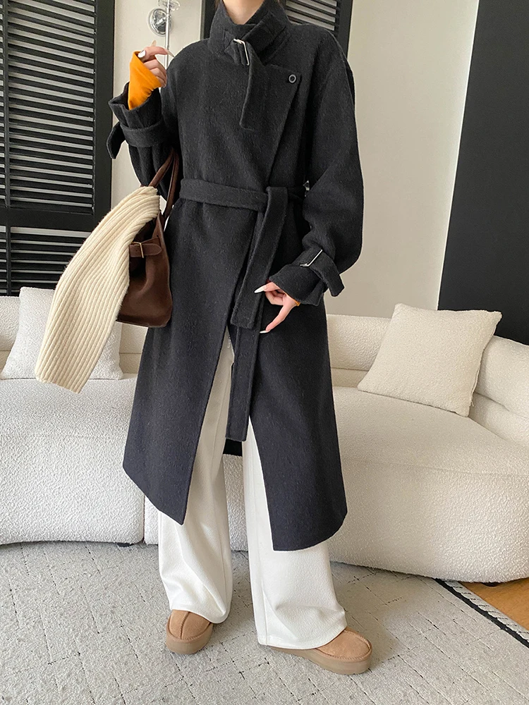 FANAN-abrigos elegantes de lana 100% para mujer, cuello levantado, cinturón, cintura recogida, prendas de vestir largas gruesas y cálidas, moda de invierno 2025