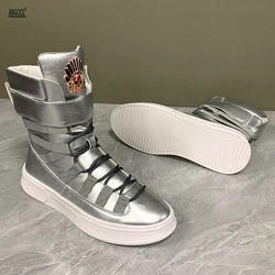 High Quality White Slver Leather Men High Tops Punk Shoes Web Celebrity Height Increasing Shoes zapatillas Hombre A6