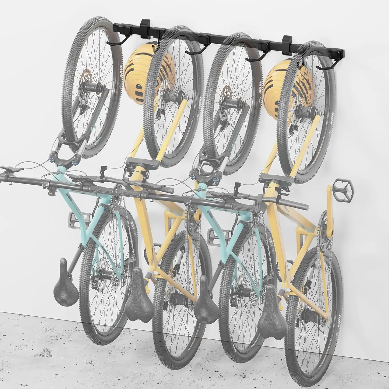 

Enhanced Bike Storage Rack, Adjustable 4-Bike and 2-Helmet Hangers for Indoor Bike Storage, Customizable for Various Bike Sizes,