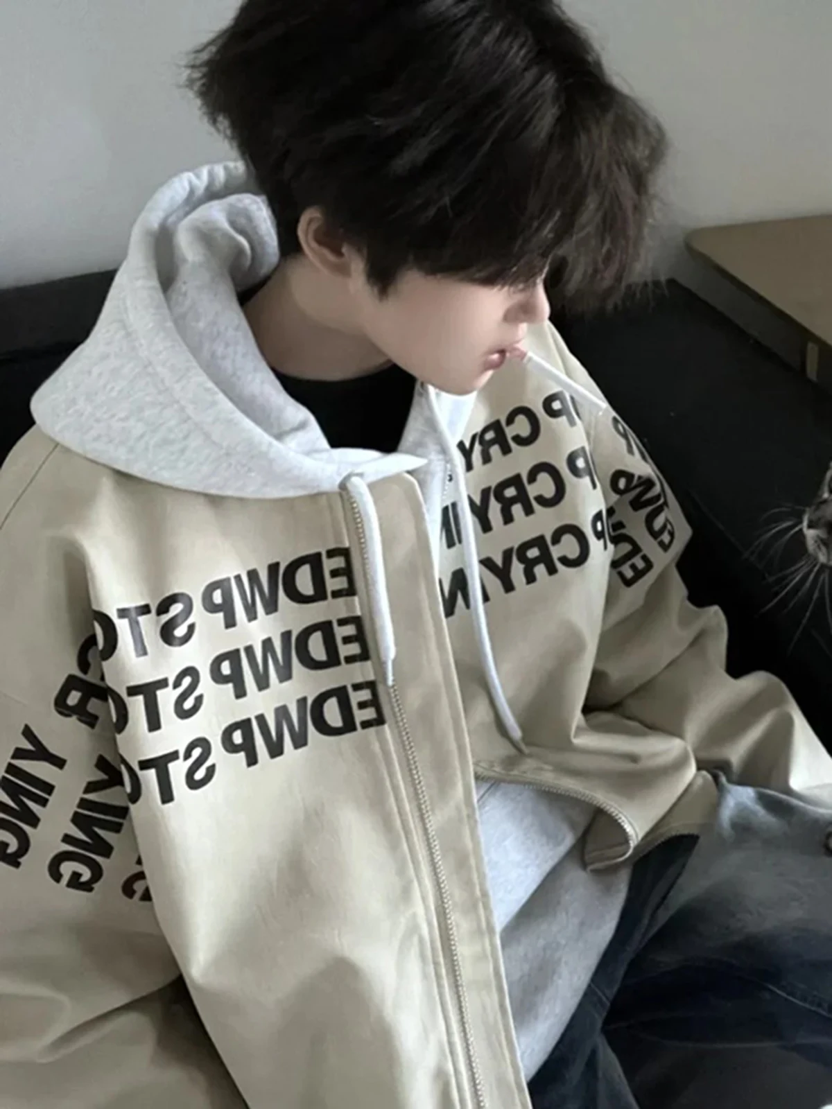

Khaki Baseball Jacket Letter Print American Retro Teenage Trendy Leather Coat Spring Autumn Men's Outerwear Loose Fit Long Sl...