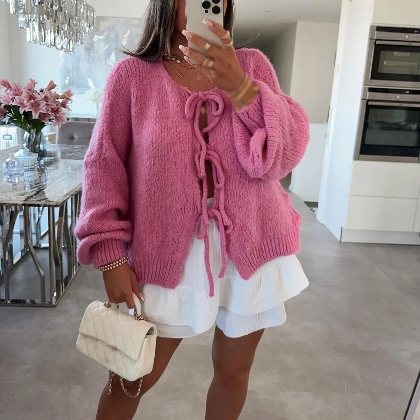 Casual Fall Women y2k Tie Front Hollow Sweaters Cardigan Tops Round Neck Long Sleeve Loose Knitwear Cozy Soft 90s Coat