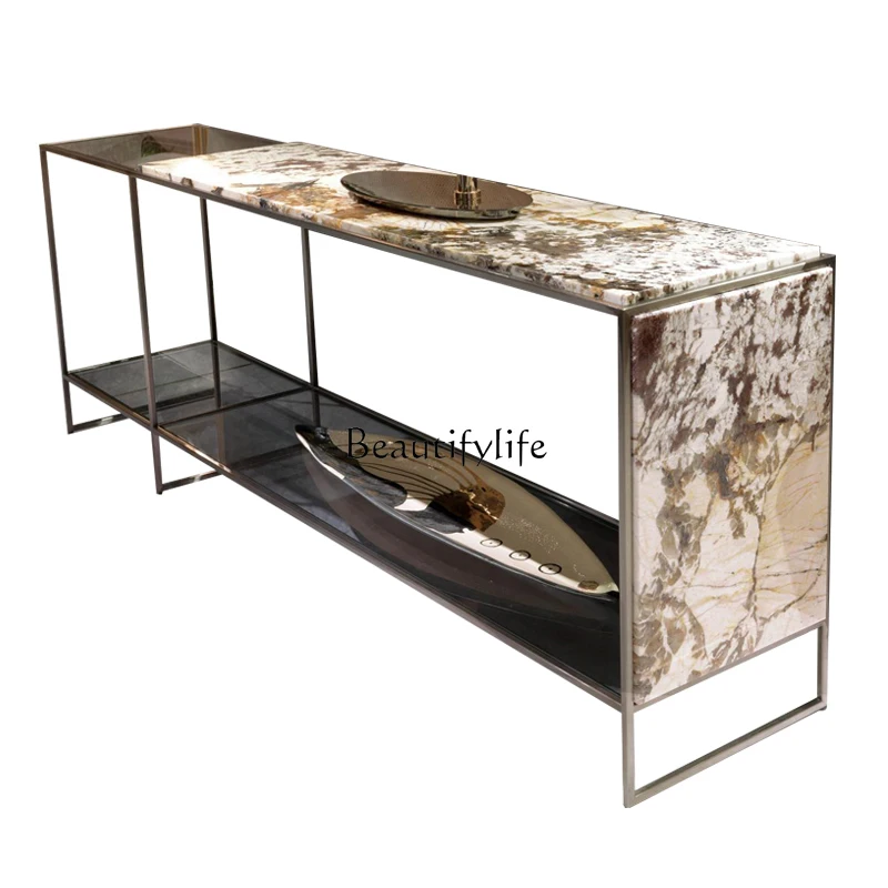 

Light luxury Italian marble sofa back few cabinets modern minimalist end view table rack