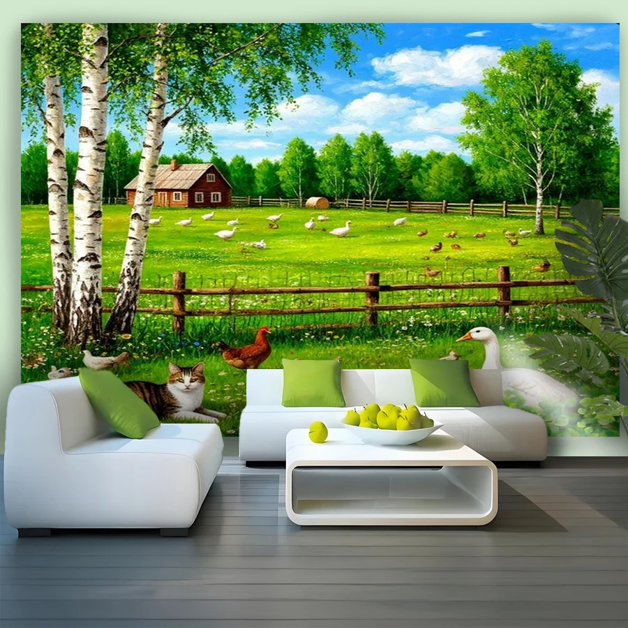 Grüner Birkenwald, pastoraler Wandteppich, rustikaler Stil, weicher Wandhintergrundstoff für die Dekoration von Wohn- und Schlafzimmern