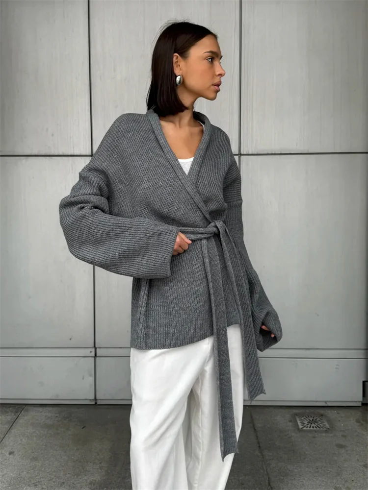 Women's Ribbed Lace-Up Knit Cardigan Coat with V-Neck