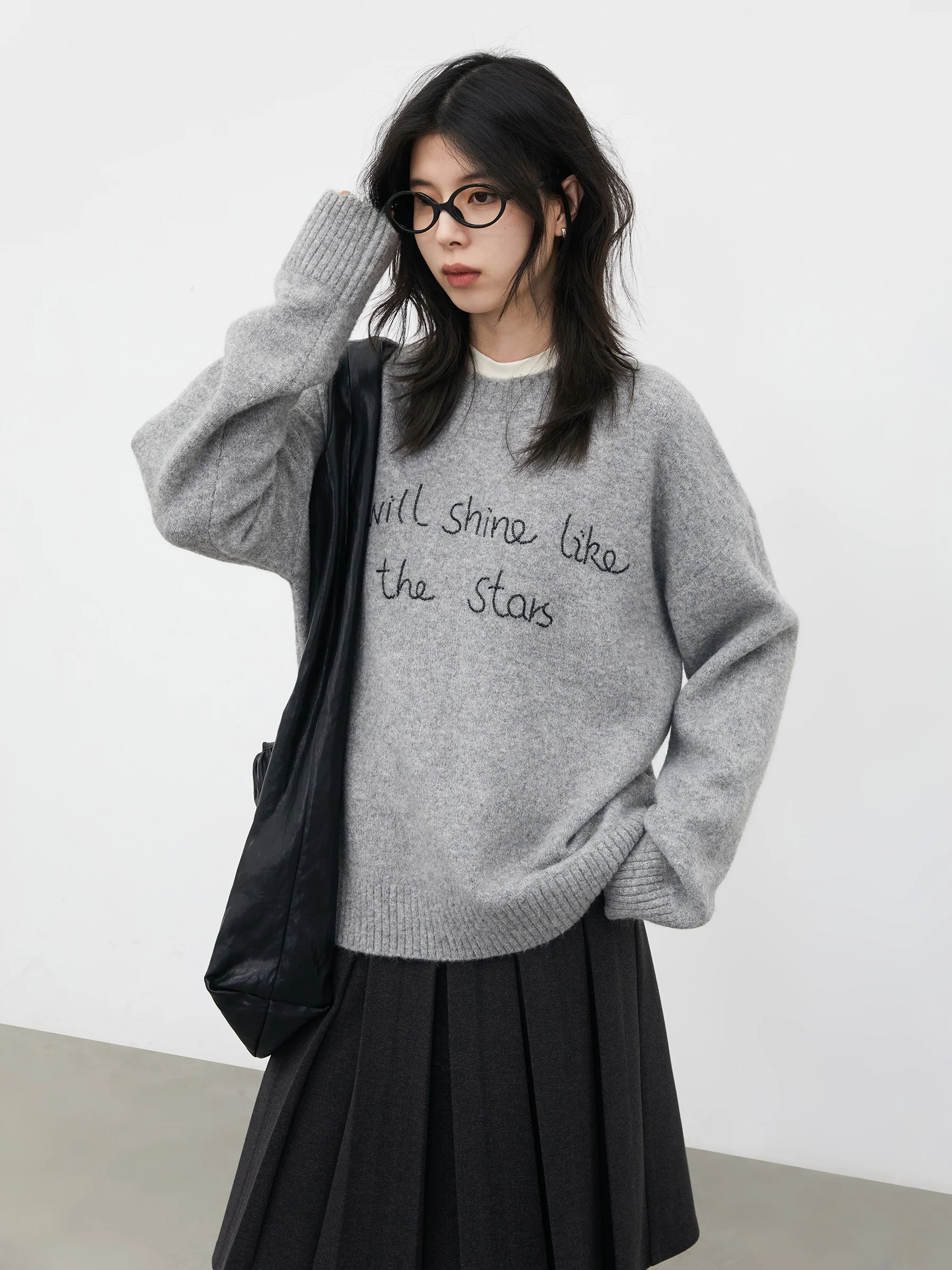 

Casual Chicven Knitted Sweater round Ne Embroidered Beads Letter Comfortable Overhead Wool Blend Long Sve Girls Sweater