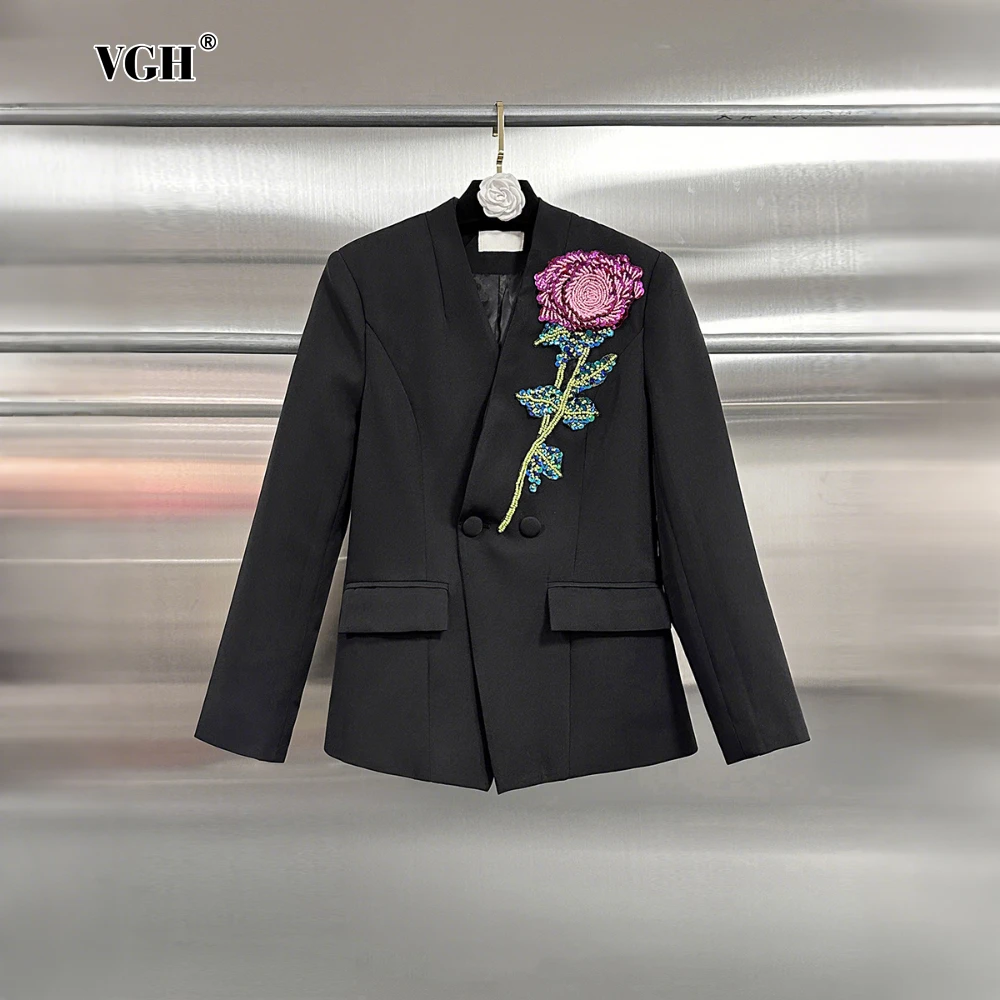 

VGH Office Spliced Pockets Slimming Blazers for Women V Neck Long Sleeve Patchwork Sequins Floral Formal Outwear Female Clothes