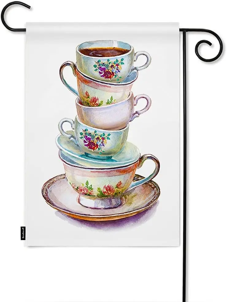 Beabes Party Tea Cups And Saucers Garden Flag Colorful Floral Jungle Leaf Glassware Flower Welcome Yard Flag Garden Porch