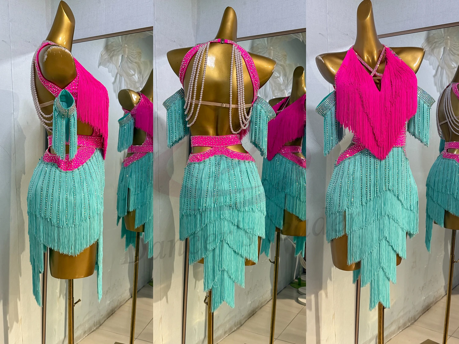 Latin dance women's high-end customized two-color tassel patchwork floral dress, Cha Cha samba performance rhinestone dress