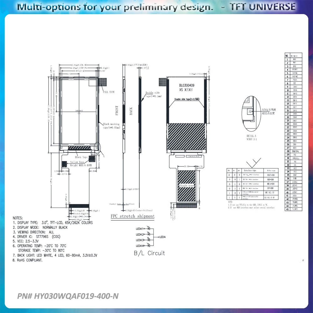 Tela lcd tft de 3 polegadas, 240x400, 400nits de brilho, driver st7796s, interface mcu/spi/rgb personalizável, ângulo de visão ips