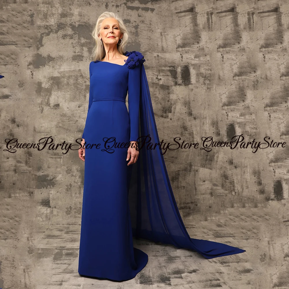 

Royal Blue Mother of The Bride Dress with Chiffon Shawl Long Sleeves Sweep Train Jersey Mermaid Wedding Guest Gown for Women