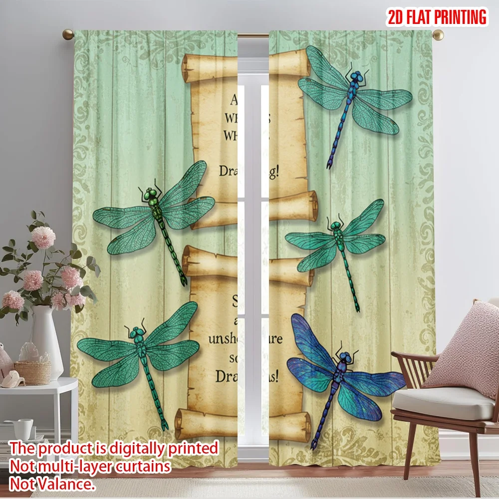 

2pcs 2D flat printing Window Drapes Dragonfly Scroll Motivational Wall Polyester Without Electricity Festive Holiday Use for All
